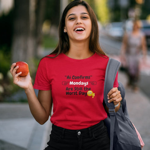 Red humorous Monday slogan t-shirt with AI quote design — bold statement tee perfect as a novelty gift
