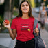 Red humorous Monday slogan t-shirt with AI quote design — bold statement tee perfect as a novelty gift