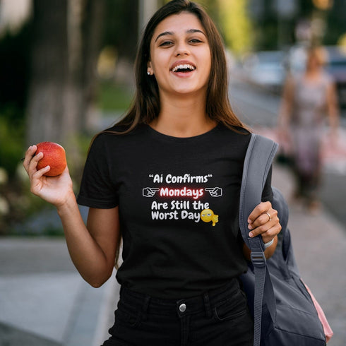 Black funny Monday t-shirt with bold AI humour graphic print — unisex cotton tee for Monday haters