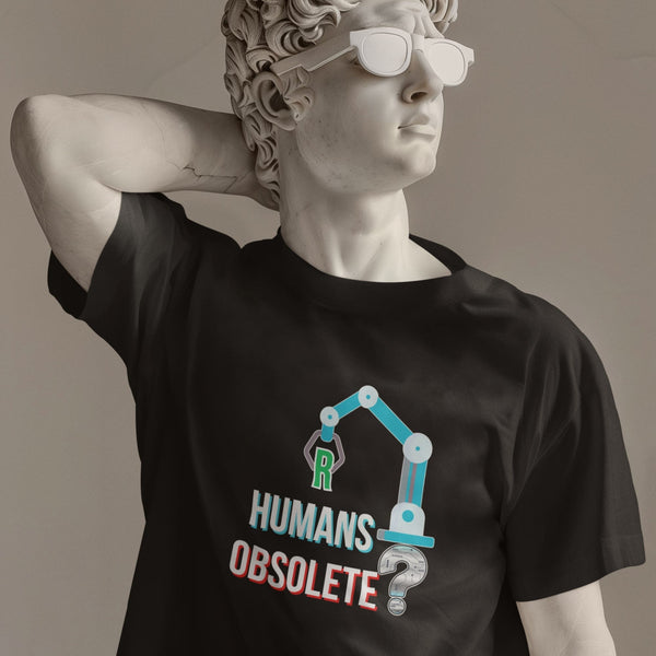 R Humans Obsolete futuristic AI graphic t-shirt in black — thought-provoking tech tee for sci-fi fans and deep thinkers