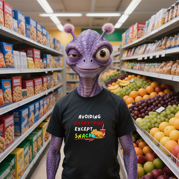 Avoiding Everything Except Snacks T-Shirt in Black – Funny Snack Lover Graphic Tee