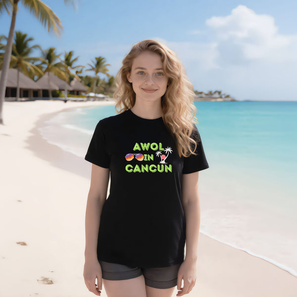 AWOL in Cancun black graphic t-shirt with vintage-inspired lettering, unisex beach vacation tee