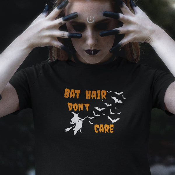 Bat Hair Don’t Care T-Shirt | Funny Halloween Graphic Tee | Cute Spooky Witch & Bat Shirt for Trick or Treat & Everyday Wear