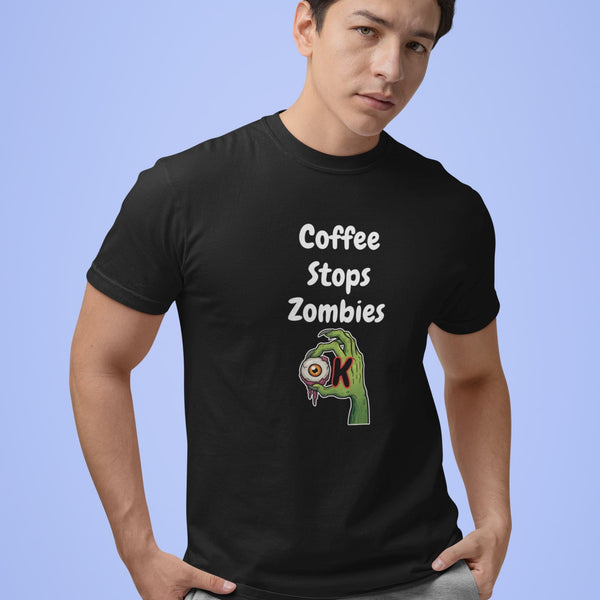 Coffee Stops Zombies Ok funny coffee lover graphic tee in black — unisex fit, sizes XS to 4XL