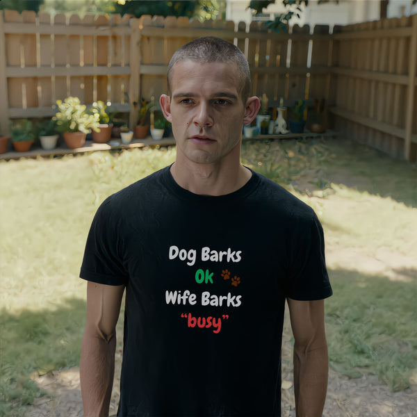 Black Dog Barks OK Wife Barks Busy funny t-shirt – sarcastic husband humour tee, perfect gag gift for dog dads and married men