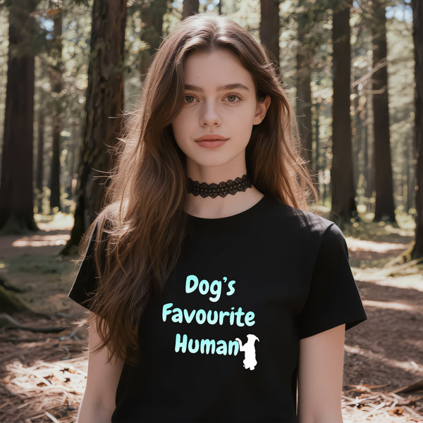 Black Dog's Favourite Human t-shirt – funny dog mum and dog dad gift tee for proud pet parents who know who's really in charge