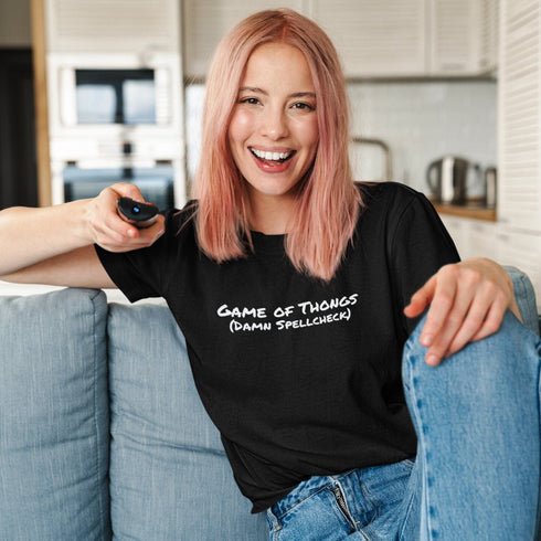 Black Game Of Thongs Damn Spellcheck t-shirt – funny autocorrect humour graphic tee, great gift for TV fans