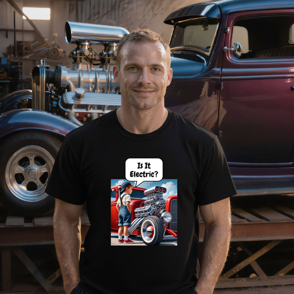 Funny car enthusiast t-shirt in black – 'Is It Electric?' hot rod humour tee, kid admiring supercharged muscle car engine