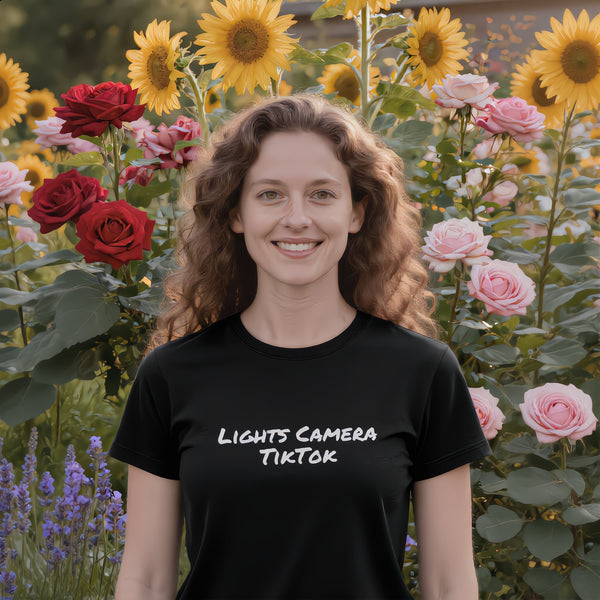 Lights Camera TikTok graphic tee in black – bold social media novelty gift shirt for dog lovers and TikTok fans