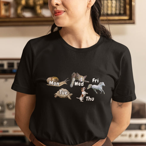 Funny Weekly Animal T-Shirt: Snail to Horse – Days of the Week Humor