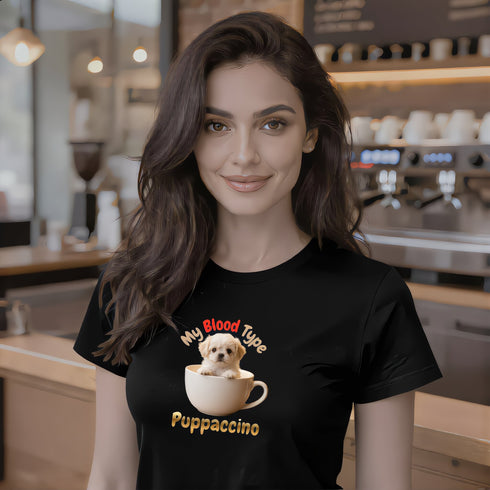 Black graphic t-shirt with My Blood Type Puppaccino funny dog mom coffee slogan