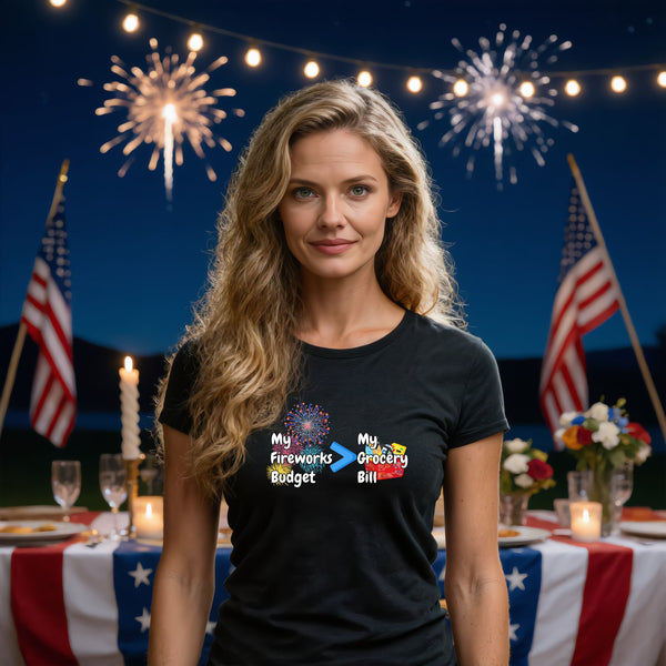 Black funny 4th of July t-shirt with "My Fireworks Budget Is Bigger Than My Grocery Bill" graphic print