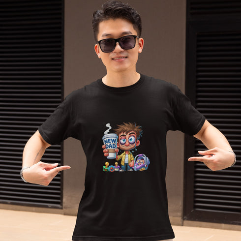 Black New Dad T-shirt design in JPEG format, perfect for celebrating fatherhood. Ideal gift for first-time dads, featuring a comfortable, modern fit. Soft, durable fabric, great for casual wear, available in various sizes