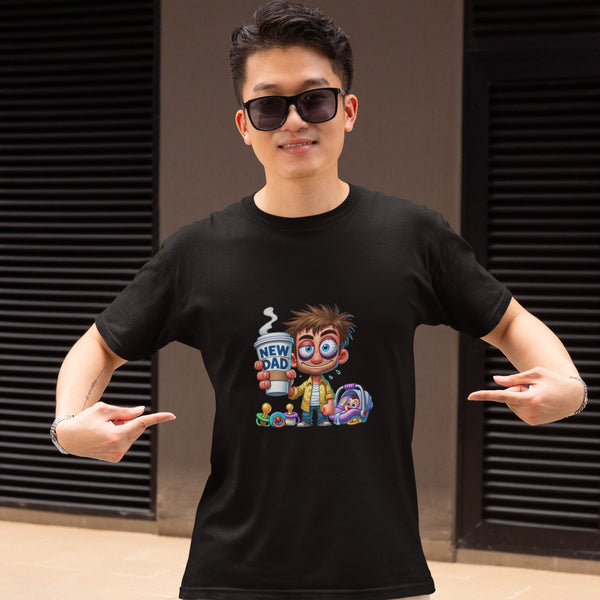 Black New Dad T-shirt design in JPEG format, perfect for celebrating fatherhood. Ideal gift for first-time dads, featuring a comfortable, modern fit. Soft, durable fabric, great for casual wear, available in various sizes