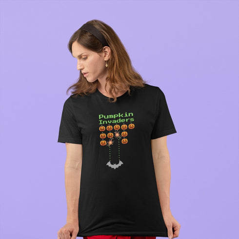 Pumpkin Invaders T-Shirt | Retro Halloween Gamer Graphic Tee