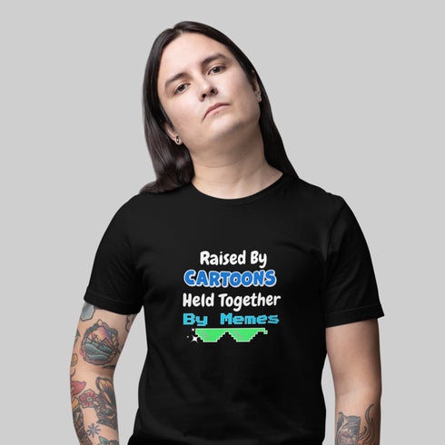 Raised By Cartoons Held Together By Memes T-Shirt – Funny Retro Internet Humor Tee for Gen Z, Millennials, and Meme Lovers