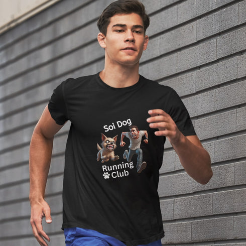 Black Soi Dog Running Club T-shirt design in JPEG format, featuring a fun and unique print for runners and dog lovers. Ideal for casual wear, workouts, or gifting. Soft, comfortable fabric, available in multiple sizes for men and women.
