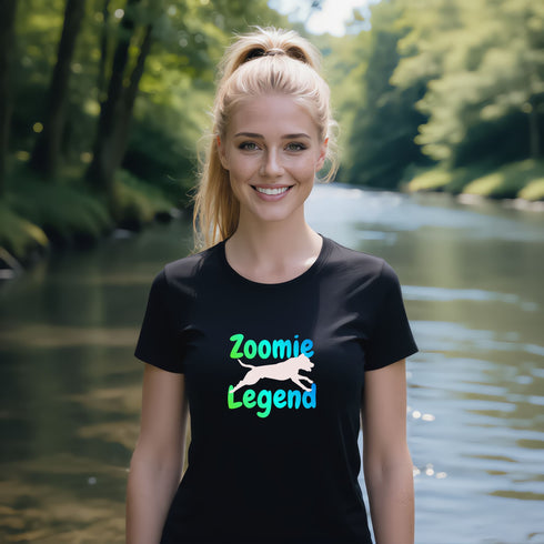 Zoomie Legend funny dog t-shirt in black — humorous graphic tee for dog moms and dads who love zoomies