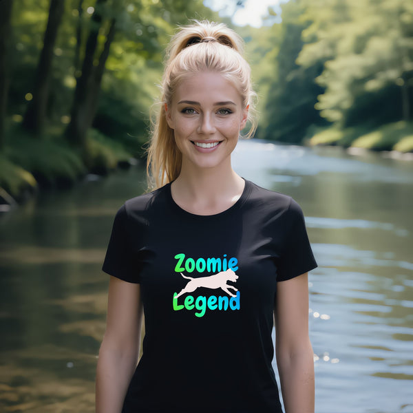 Zoomie Legend funny dog t-shirt in black — humorous graphic tee for dog moms and dads who love zoomies
