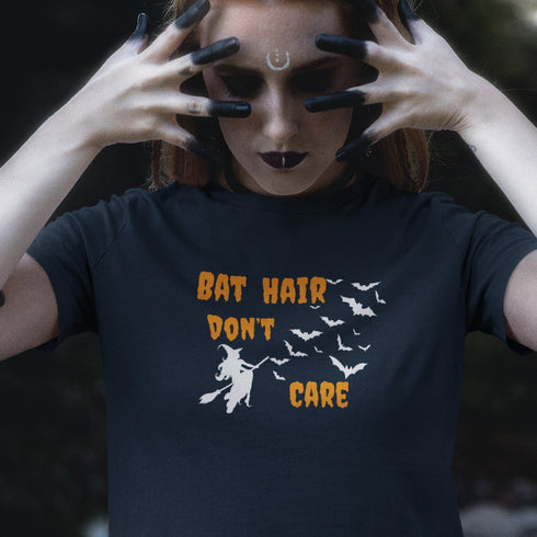 Bat Hair Don’t Care T-Shirt | Funny Halloween Graphic Tee | Cute Spooky Witch & Bat Shirt for Trick or Treat & Everyday Wear