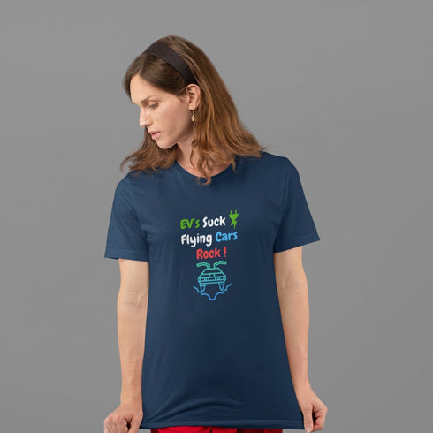 EVs Suck Flying Cars Rock T-Shirt – Bold Futuristic Anti-EV Statement Tee