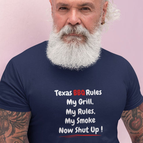 Navy Texas BBQ Rules t-shirt – funny grill master gift tee for BBQ dads and backyard smokers who run the pit