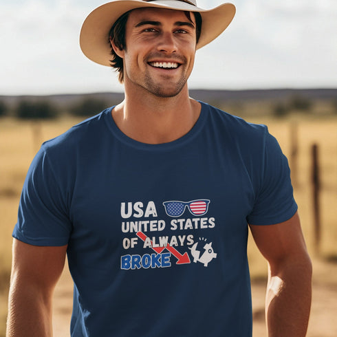 USA United States Of Always Broke graphic t-shirt with distressed black and blue text, red arrow, patriotic sunglasses, and broken piggy bank icon. Funny design for white, navy, or black shirts