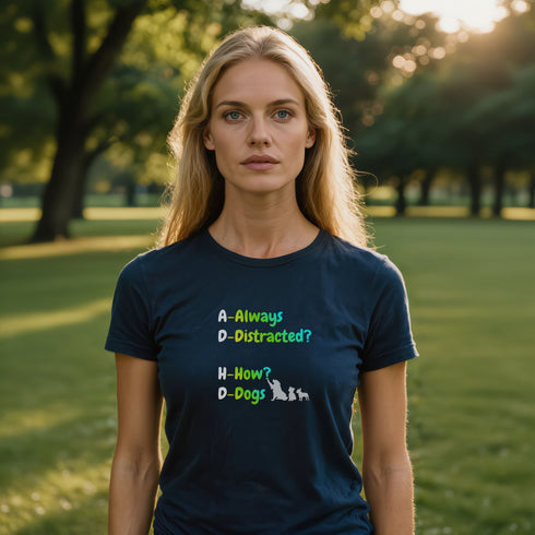 Navy Always Distracted How Dogs t-shirt – witty dog obsession gift tee, perfect for dog mums and dads who live for their pup