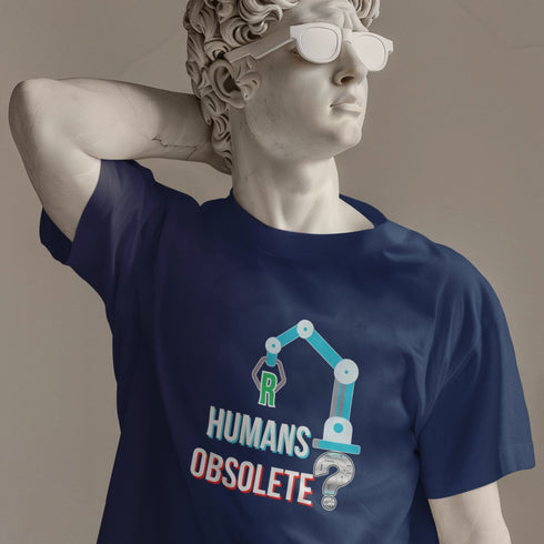 Navy blue Are Humans Obsolete AI-inspired t-shirt — bold futuristic graphic tee for technology enthusiasts and philosophers