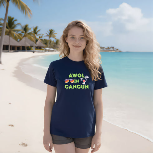 AWOL in Cancun navy t-shirt featuring bold retro print, relaxed-fit spring break tee for men and women