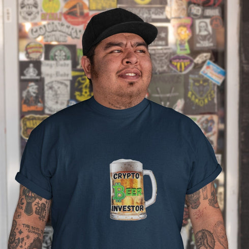 Blue Crypto Beer Investor t-shirt – humorous blockchain beer slogan tee, perfect gift for crypto enthusiasts