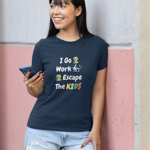 Navy I Go 2 Work 2 Escape The Kids t-shirt – relatable parent humour tee, perfect gift for exhausted mums, dads and carers