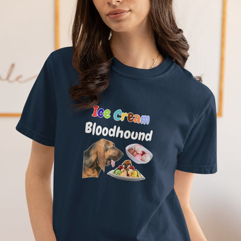 Vintage-style ice cream bloodhound t-shirt in navy – unique quirky gift for dog dads and dog moms