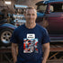 Is It Electric? funny hot rod t-shirt in navy – car lover gift featuring a kid discovering a supercharged V8 engine