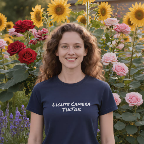 Navy blue Lights Camera TikTok funny graphic t-shirt – premium novelty tee perfect as a gift for social media lovers