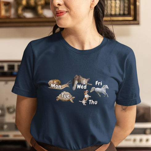 Navy weekly animal humour t-shirt – snail tortoise cat dog horse design, relatable workweek gift tee for pet lovers