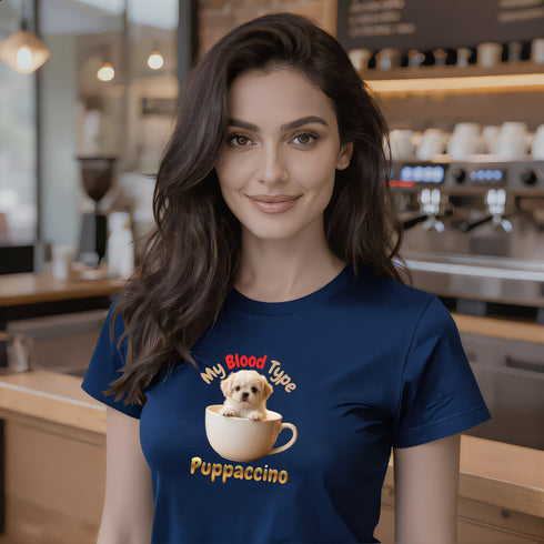 Navy blue funny dog mom t-shirt - My Blood Type Puppaccino coffee lover tee