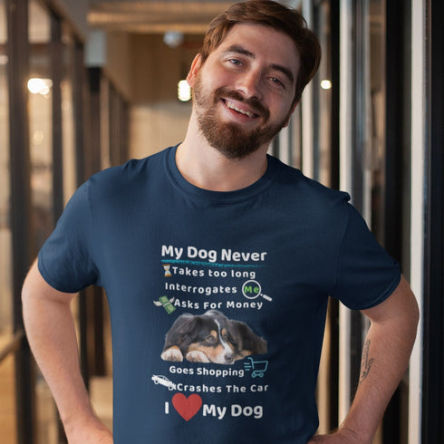 Navy My Dog Never t-shirt – witty dog owner humour tee, perfect gift for anyone who loves their dog more than people