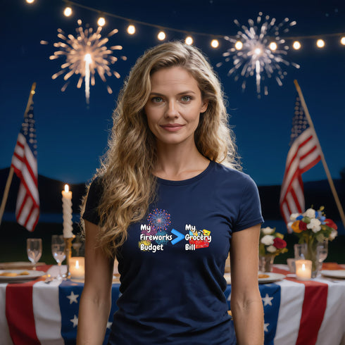 Navy blue patriotic humor tee with fireworks budget grocery bill slogan for 4th of July BBQ