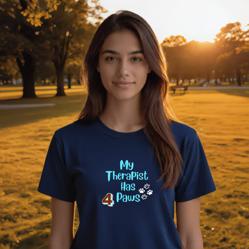 Navy My Therapist Has 4 Paws t-shirt – humorous emotional support dog owner gift tee, ideal for dog mums and pet therapy fans