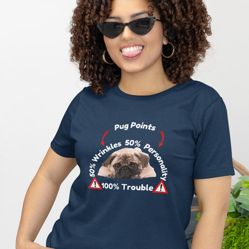 Navy Pug Points graphic tee – humorous pug breed shirt for dog mums and dads, perfect birthday gift for pug enthusiasts