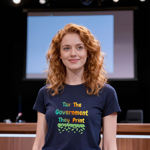 Navy Tax the Government They Print Money sarcastic political tee, premium unisex cotton t-shirt with crisp graphic print