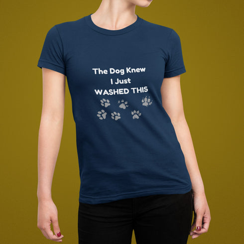 Navy unisex tee featuring a humorous dog paw print slogan — a great gift idea for dog mums, dog dads, and anyone who's ever owned a muddy pup