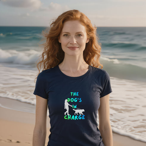 The Dog's In Charge dog lover t-shirt in navy — humorous pet parent apparel, perfect gift for dog dads