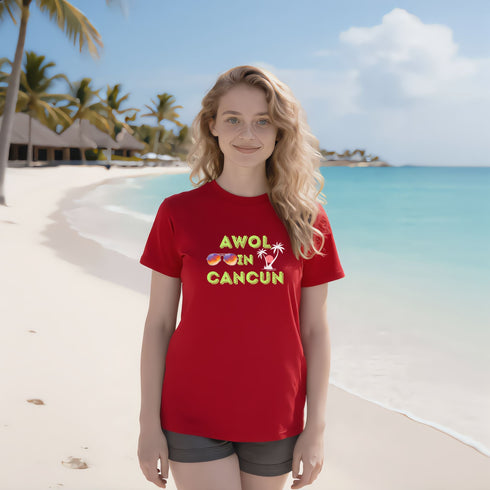 AWOL in Cancun red unisex tee with vintage Cancun graphic, bold holiday shirt for beach trips and travel