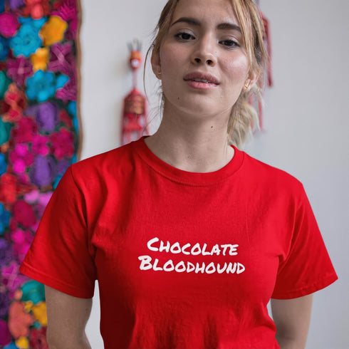 Red Chocolate Bloodhound graphic tee – bold dog breed shirt for Bloodhound enthusiasts and chocolate lovers