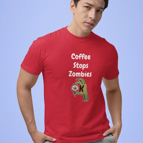 Coffee Stops Zombies Ok funny Halloween coffee shirt in red — standout gift for zombie fans and caffeine lovers