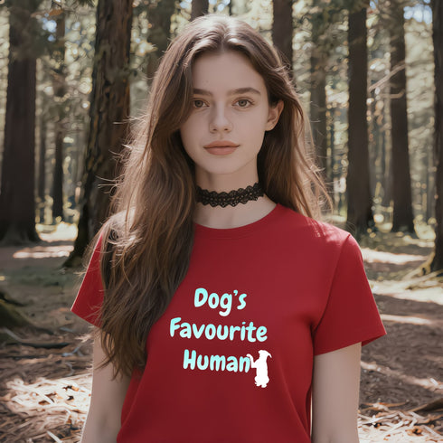 Red Dog's Favourite Human t-shirt – bold dog lover gift tee for pet parents who know their pup picks favourites