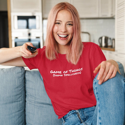 Red Game Of Thongs Damn Spellcheck t-shirt – bold autocorrect joke graphic tee, novelty gift for fantasy TV fans