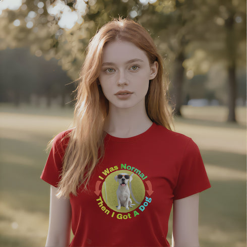 Red "I Was Normal Then I Got A Dog" funny dog owner t-shirt